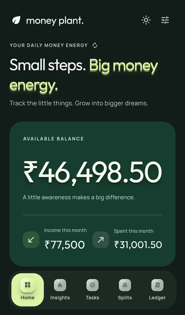Money Plant app: the Overview screen showing balance, income and spending